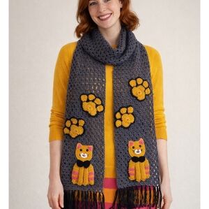 Handmade Gray Scarf with Cat and Paw Designs